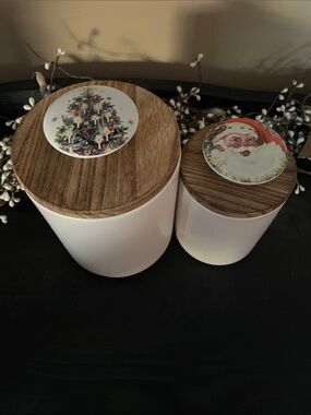 White Ceramic Holiday Canisters with Wood Lids (Set of 2)